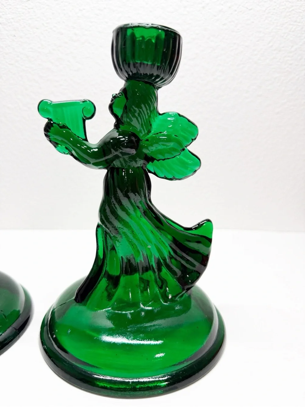 Vintage Emerald Green Glass Angel Taper Candle Holders